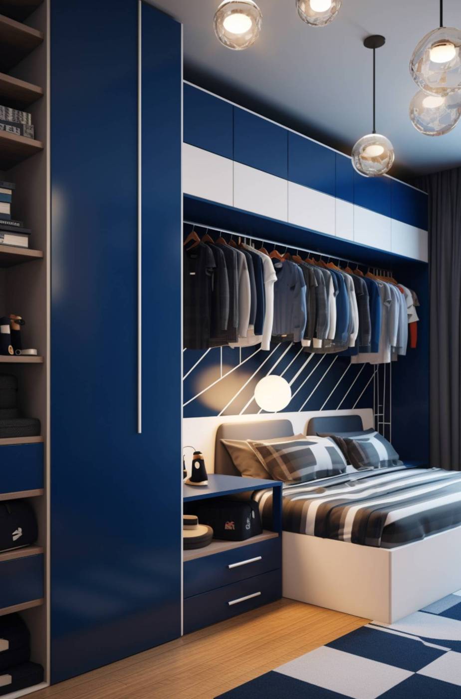 15 year old boy bedroom wardrobe, dynamic, lively, modern, dark blue and white --ar 9:16 --v 5.2 Job ID: fd10715f-22c6-49c0-a250-935df9da1f56